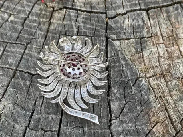 2.80Ct Round Cut Lab-Created Red Ruby Flower Brooch Pin 14K White Gold Plated