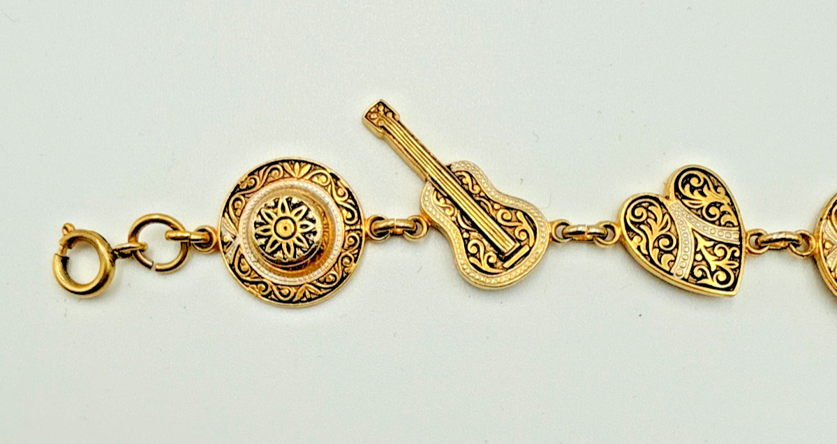 Vtg 1960s Mexican Mariachi Charm Bracelet – Faux Damascene Guitar Sombrero