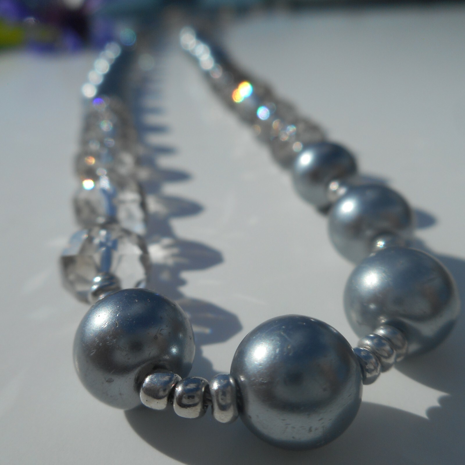 Genuine Dark Grey Pearl Aurora Borealis Crystal Beaded Necklace