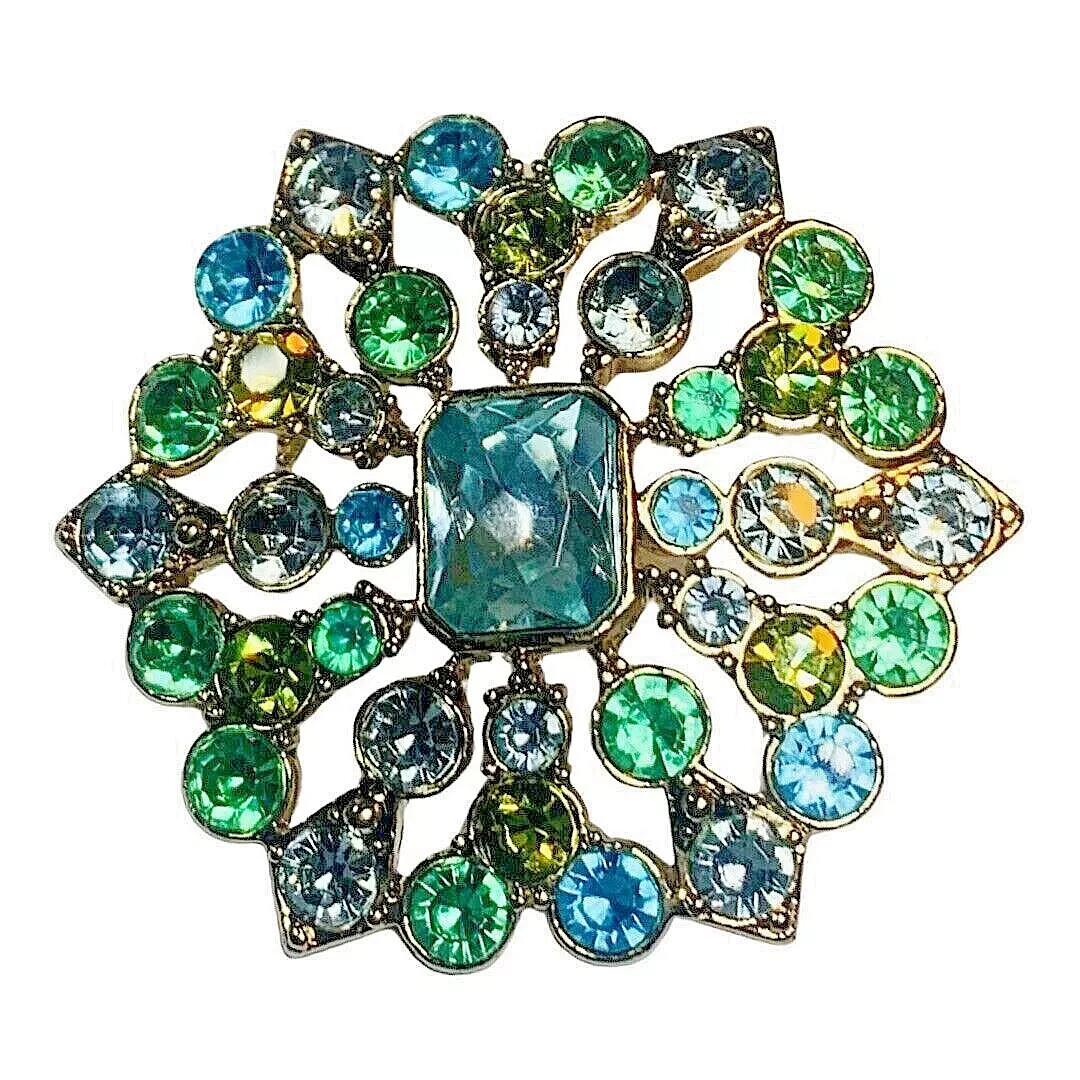 Liz Claiborne Green Rhinestone Brooch Pin 2” Gold Tone Flower