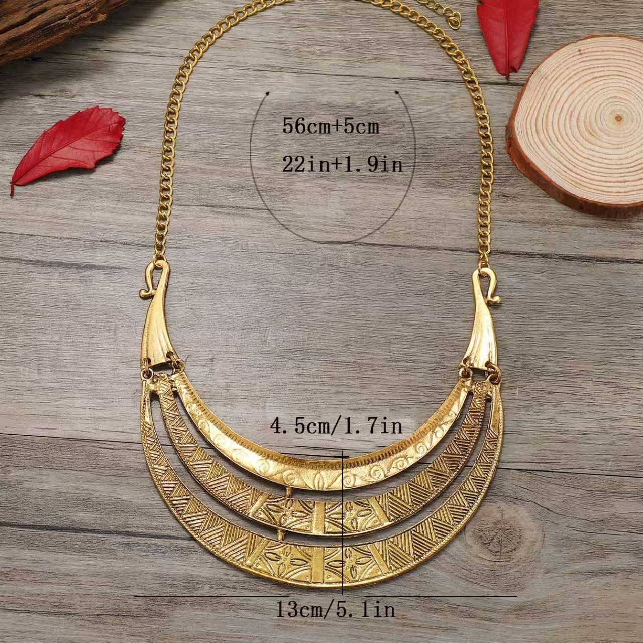 Vintage alloy patterned totem necklace, multi-layered metal necklace, collarbone