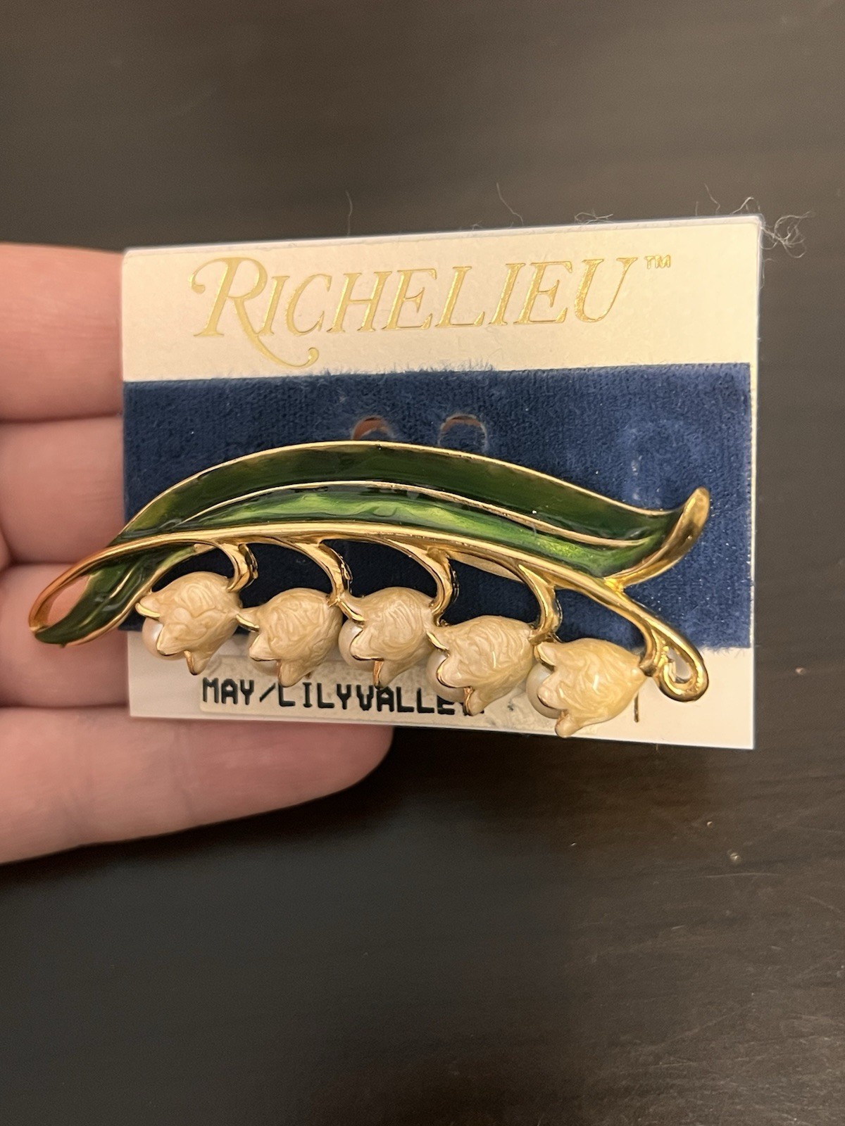 Vintage Richelieu Green Enamel Faux Pearl Lily of the Valley Flower Brooch New!
