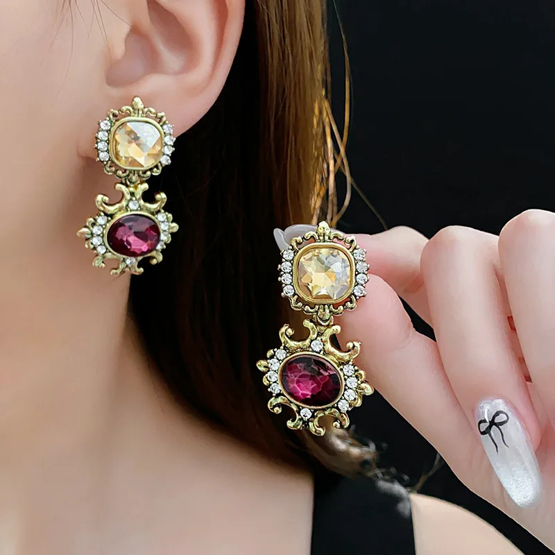Vintage Purple Rhinestone Necklace Drop Earrings for Women Palace Style