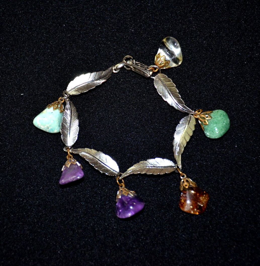 Vintage Silver Tone Feather Leaf and Assorted Gemstones Stone Bracelet 8”