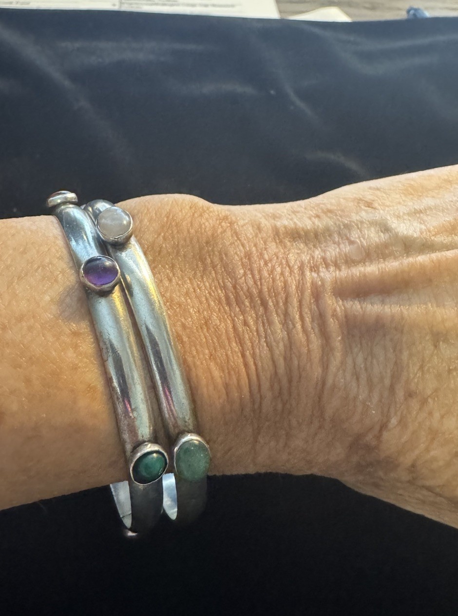 Vintage Handmade Sterling Silver Bangle Bracelets MultiStone Tulla Booth @ 1980