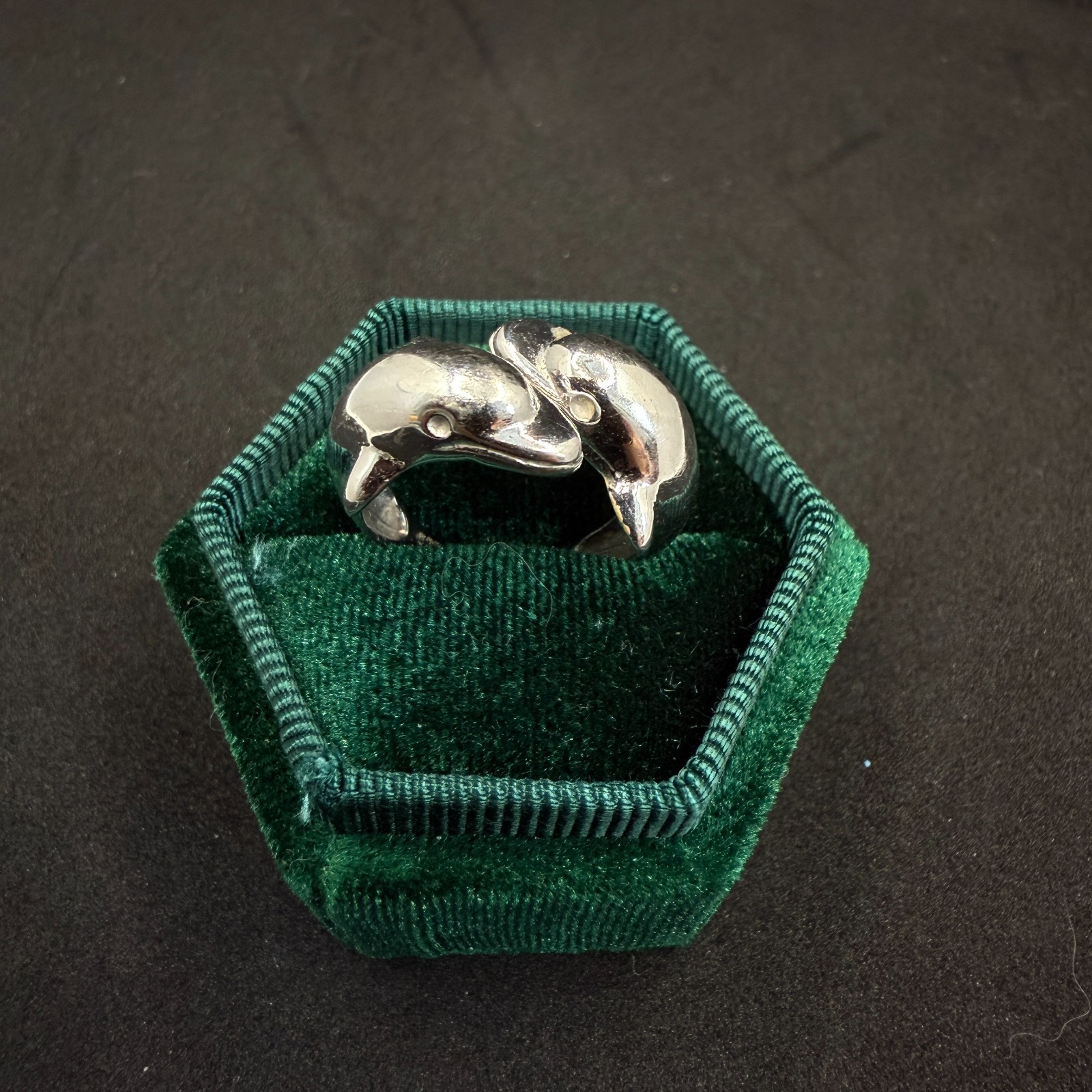 Two Dolphins Sea Creatures 925 Silver Vintage Wrap Ring Size 8.25