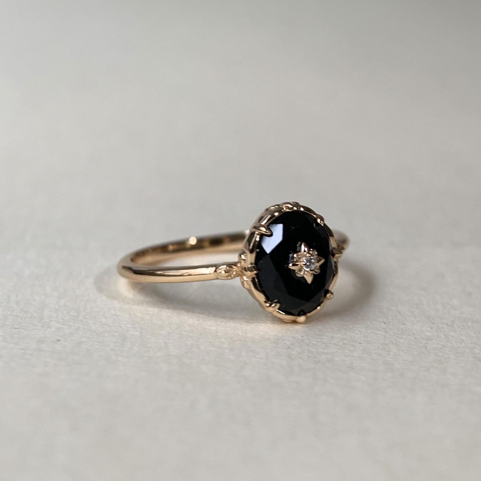 Vintage Black Onyx Engagement Ring Women Gold Art Deco Oval Cut Solitaire Weddin