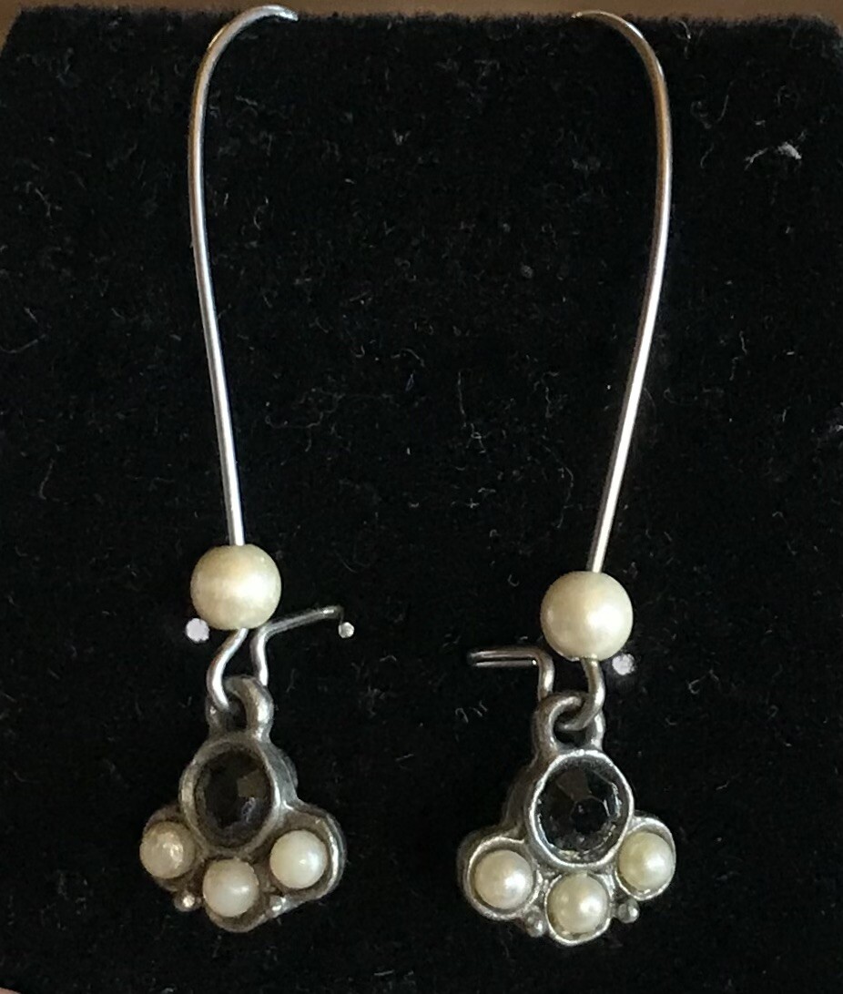 EH Signed Vintage Faux Pearl Black Rhinestone Pewter Tone Dangle Earrings