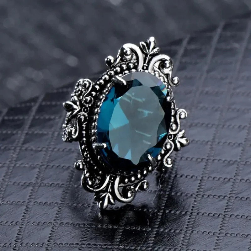 Carved Pattern Vintage Women Rings with Oval Blue CZ Stone Retro.