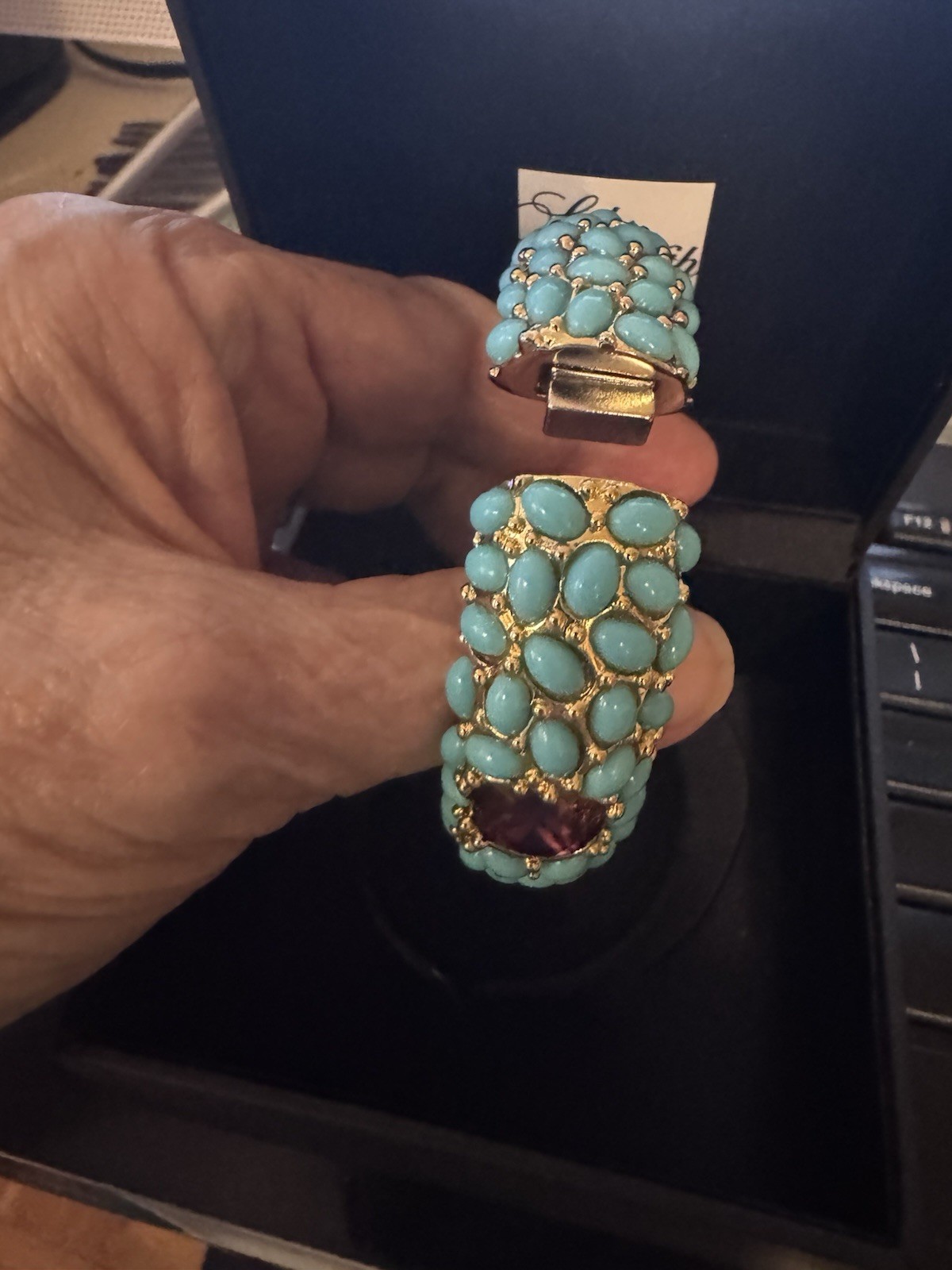 KJL Kenneth Jay Lane Gold Plated Turquoise Cabochon Hinged Bracelet 6-6.5″