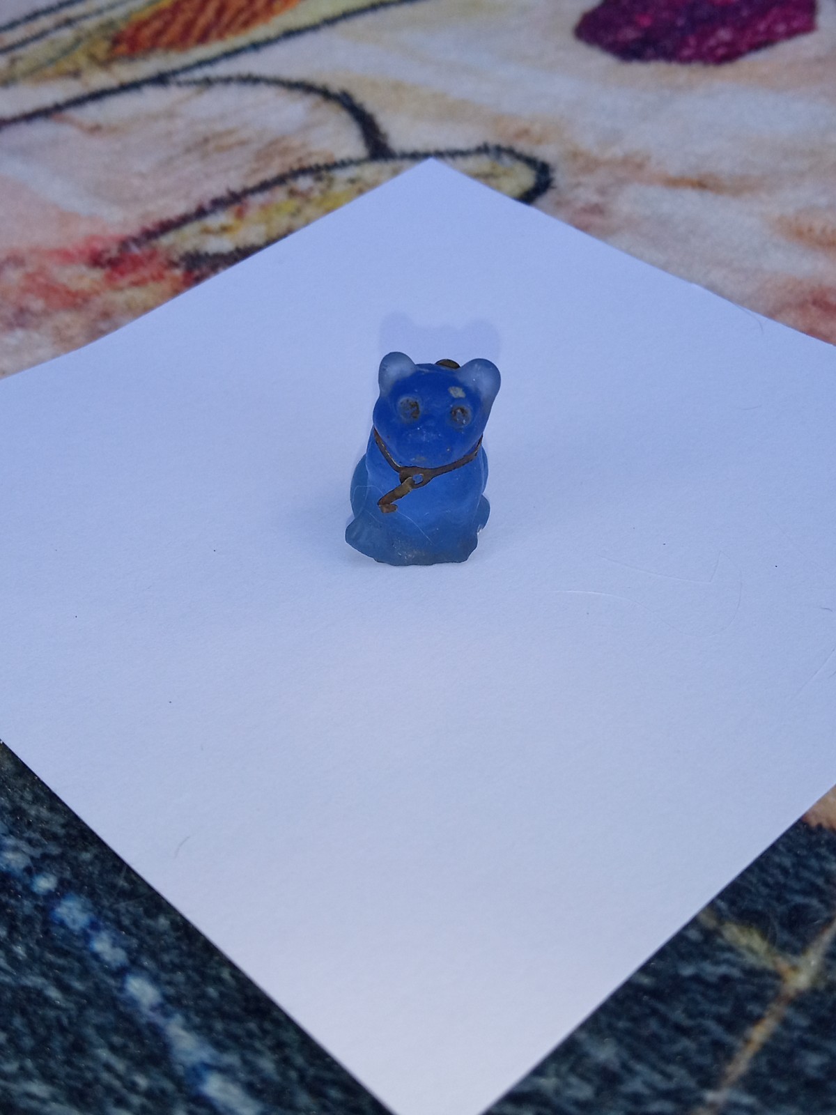 Antique, Vintage Czech Blue Pug, Bulldog Cracker Jack Glass Charm, Prize, 1″