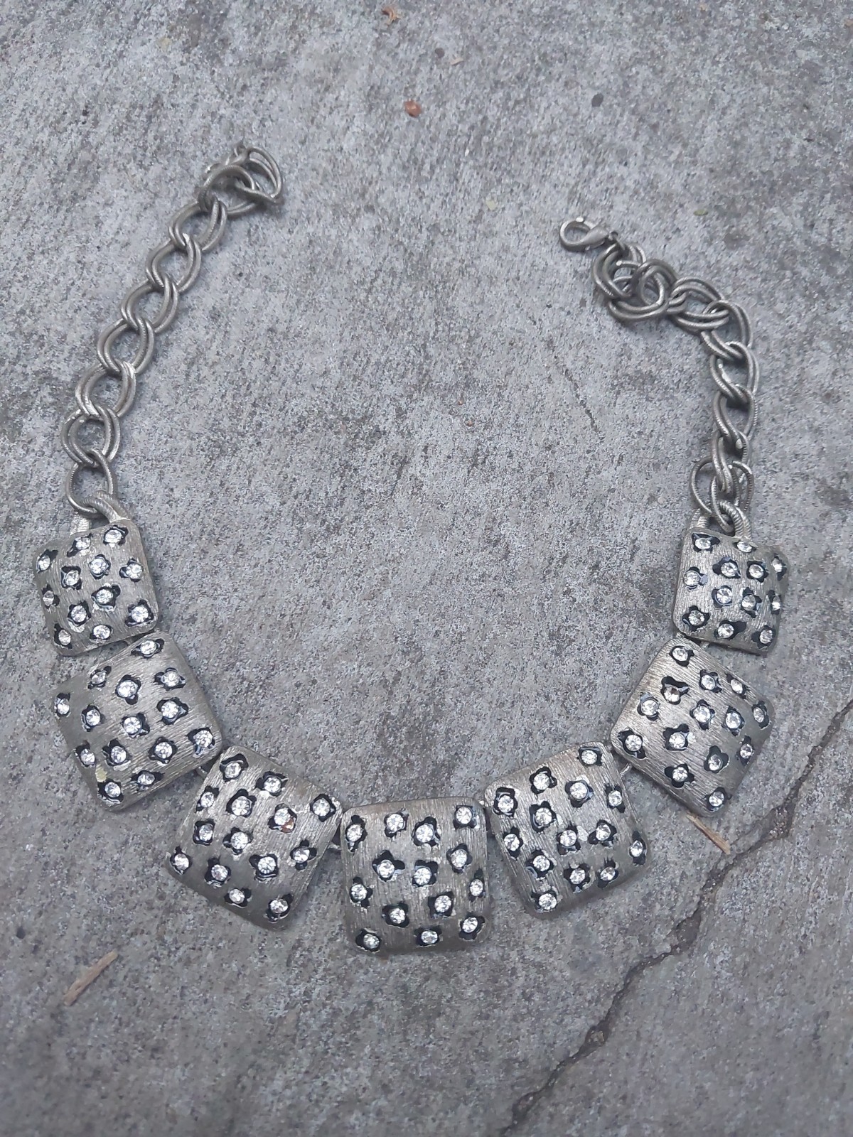 Chunky Silvertone Chain w Ridged Square & Clear Rhinestone Faux Animal Print