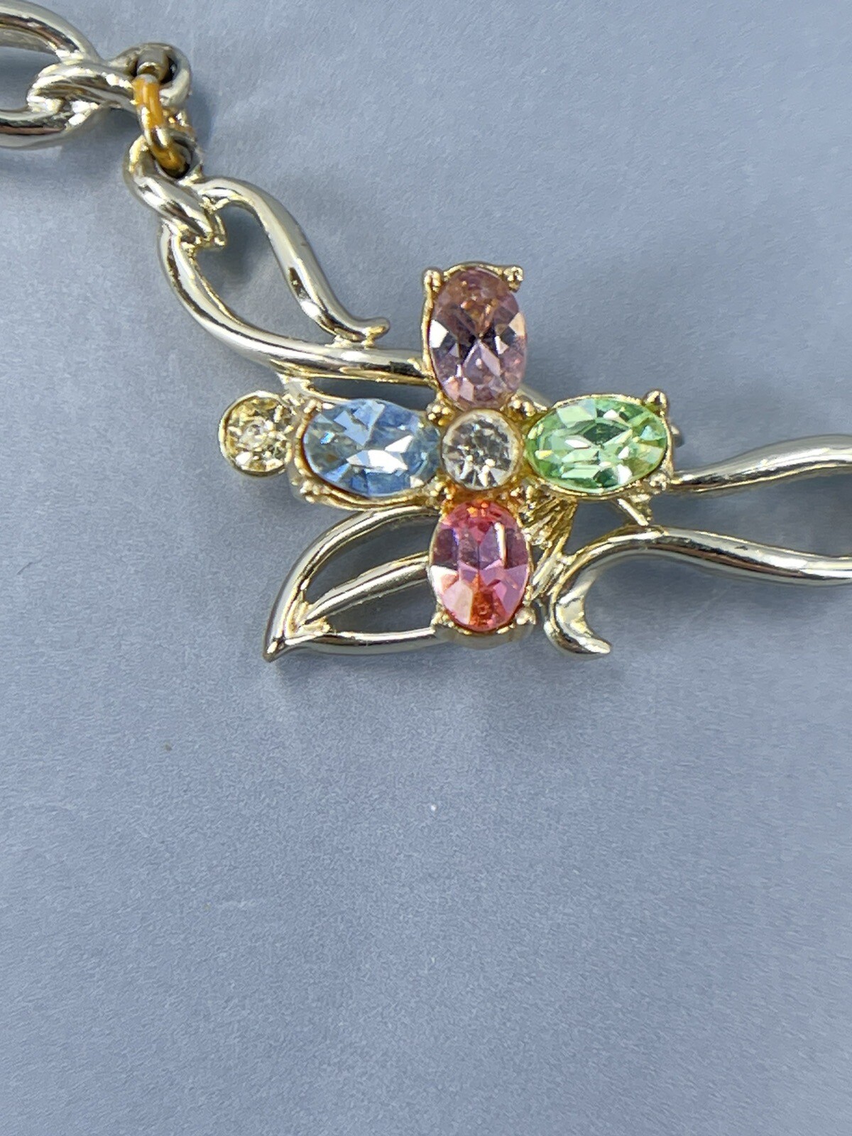 Kramer Flower Necklace Choker multi colored Rhinestones gold tone 15″