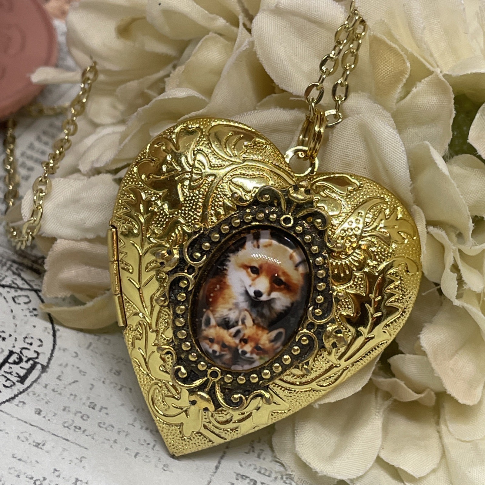 Gold Heart Locket Photo Kit Birthday Anniversary Wedding Fox Mom Baby Necklace