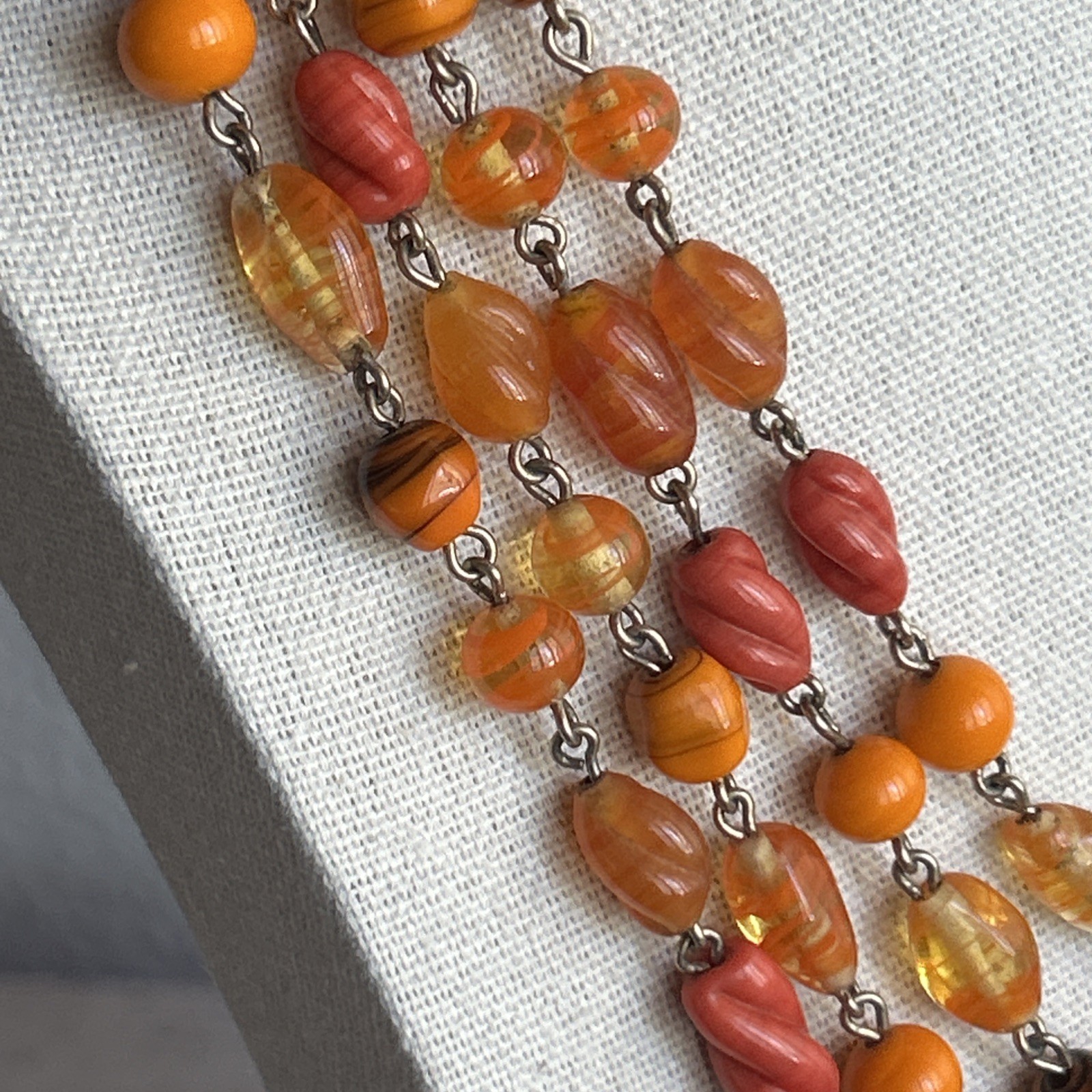 Multi Strand Glass Bead Necklace Orange Yellow Coral Vintage Statement Jewelry