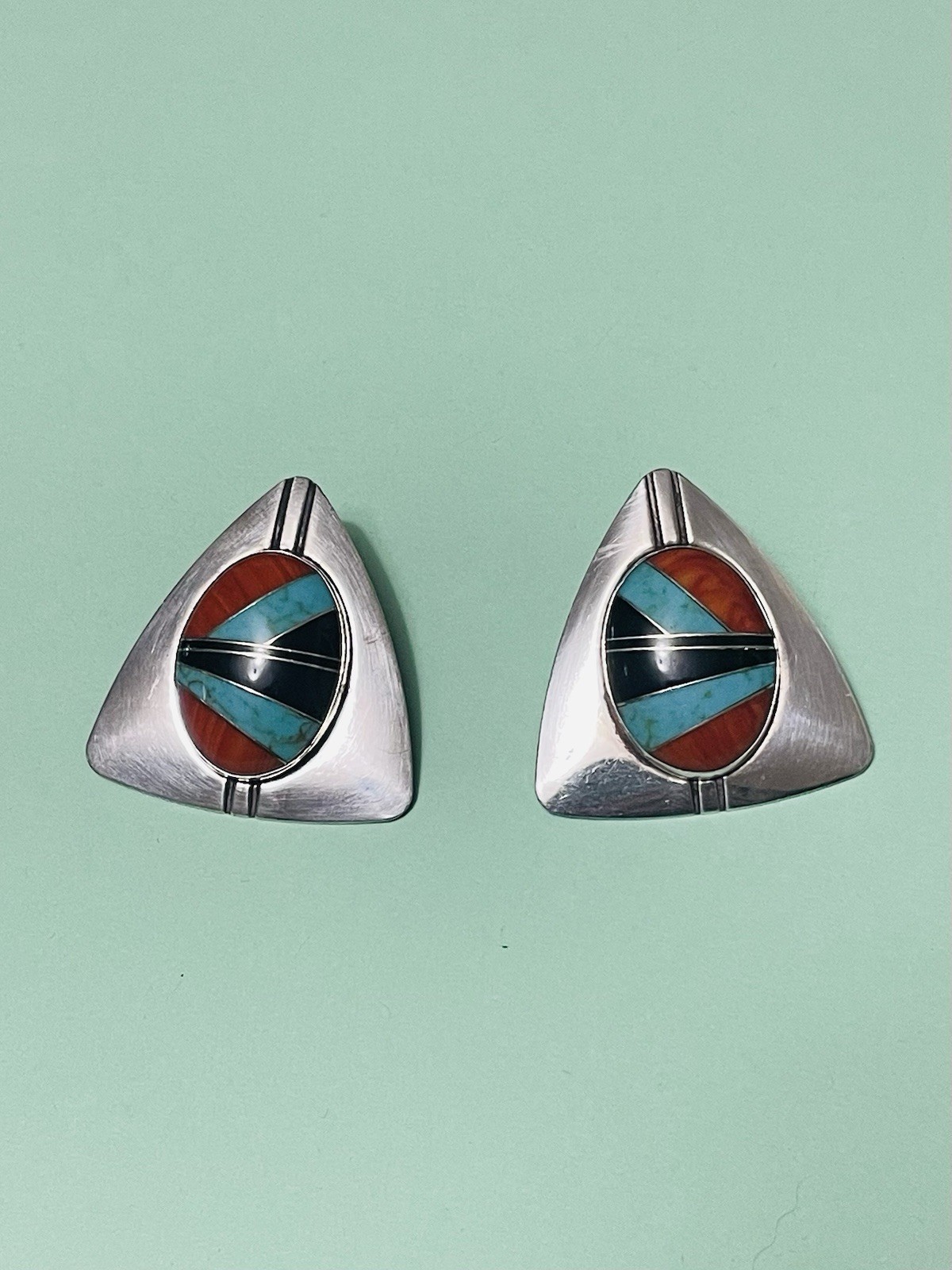 N/A? Zuni Style Mosiac Sterling Silver Earrings Clip-on Large Vintage/Retro 20g