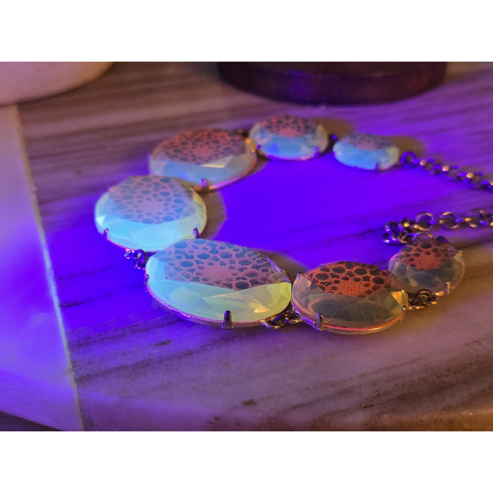 Amber Statement Necklace, Faceted Disc Bib, UV reactive