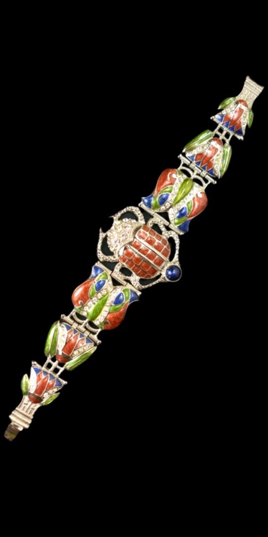 Vintage Signed EDGAR BEREBI Cleopatra Scarab Enamel & Crystal Link Bracelet 7.5”