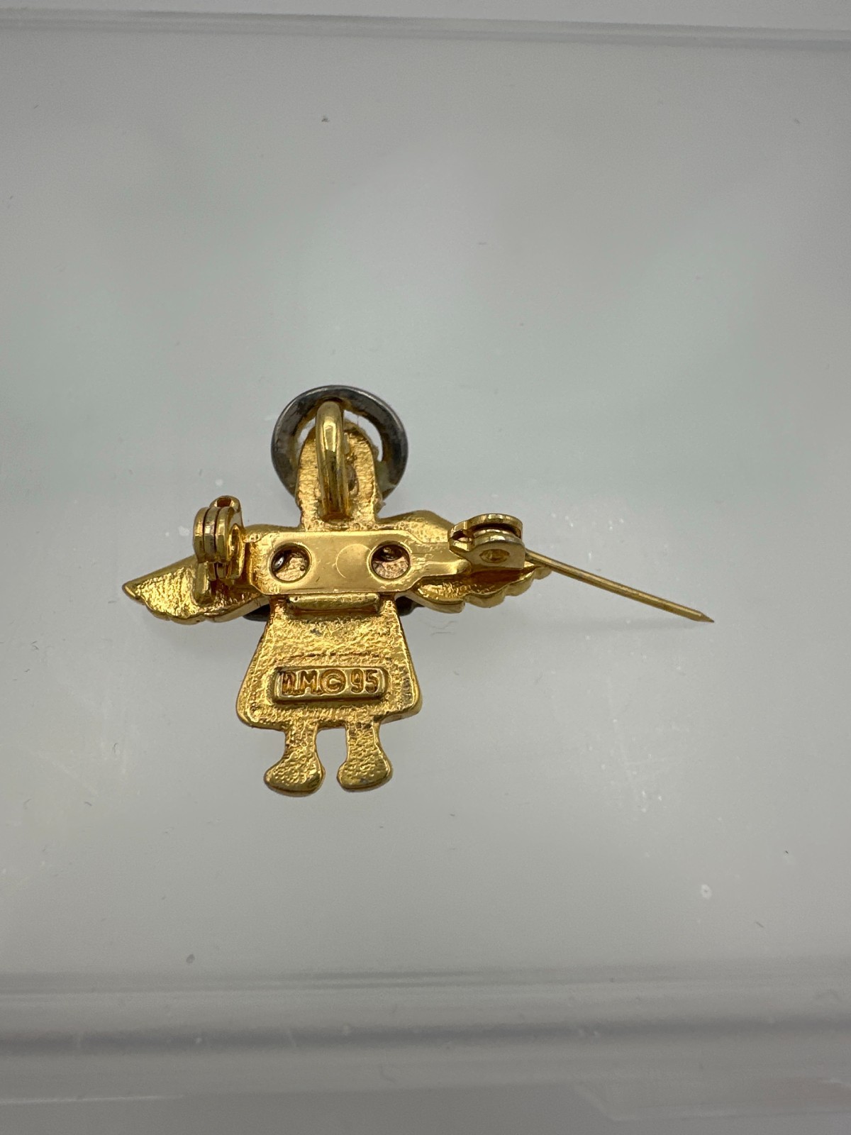 Vintage D.M. © 95 Gold Tone Angel Pin Brooch – Mixed Metal Wings & Halo