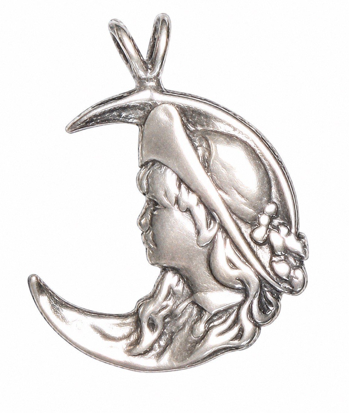 Vintage Sterling Silver Pendant with Girl’s Face Hat Crescent Moon Silhouette