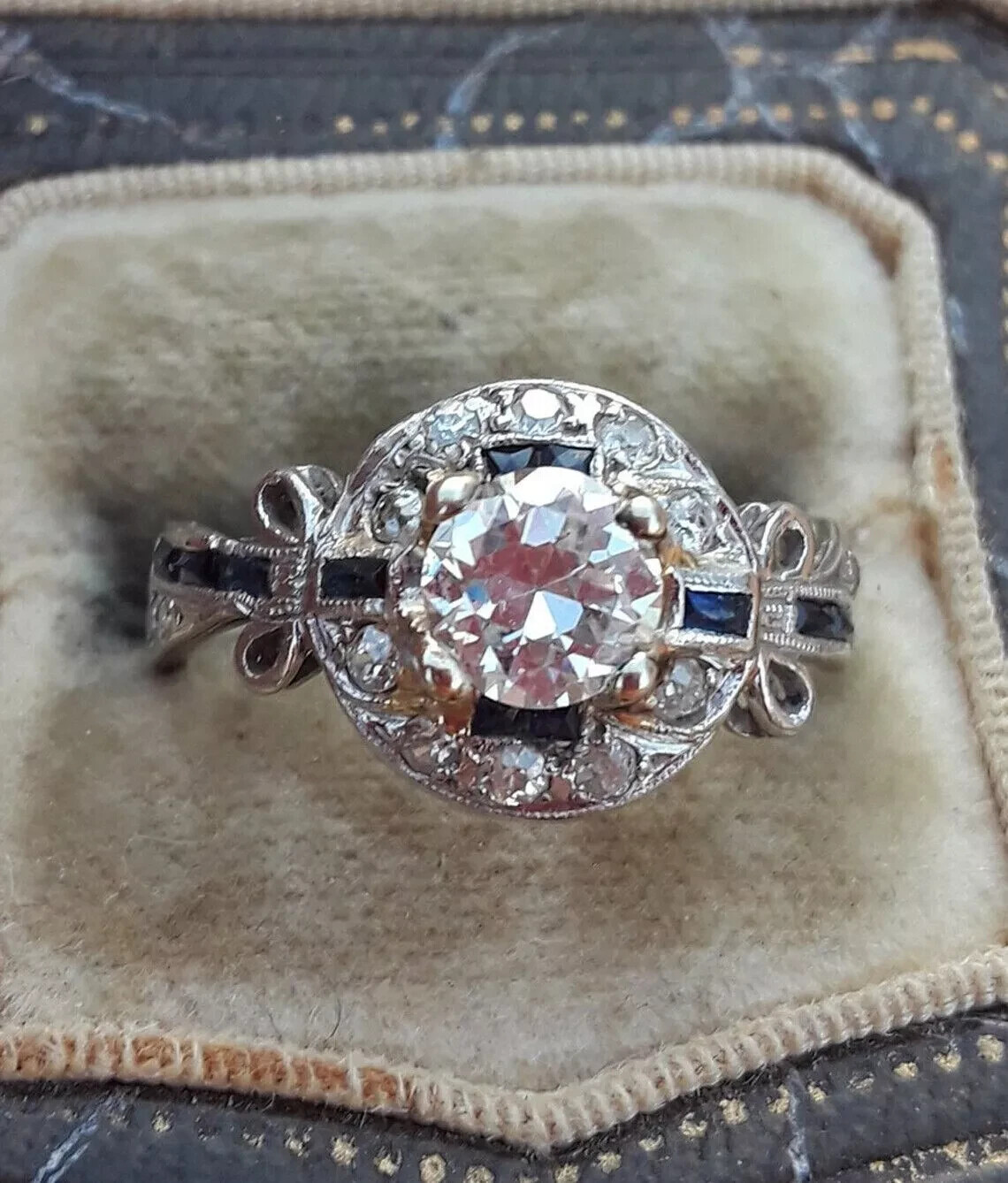 Art Deco Style Lab Created Diamond & Sapphire Wedding 14K White Gold Finish Ring