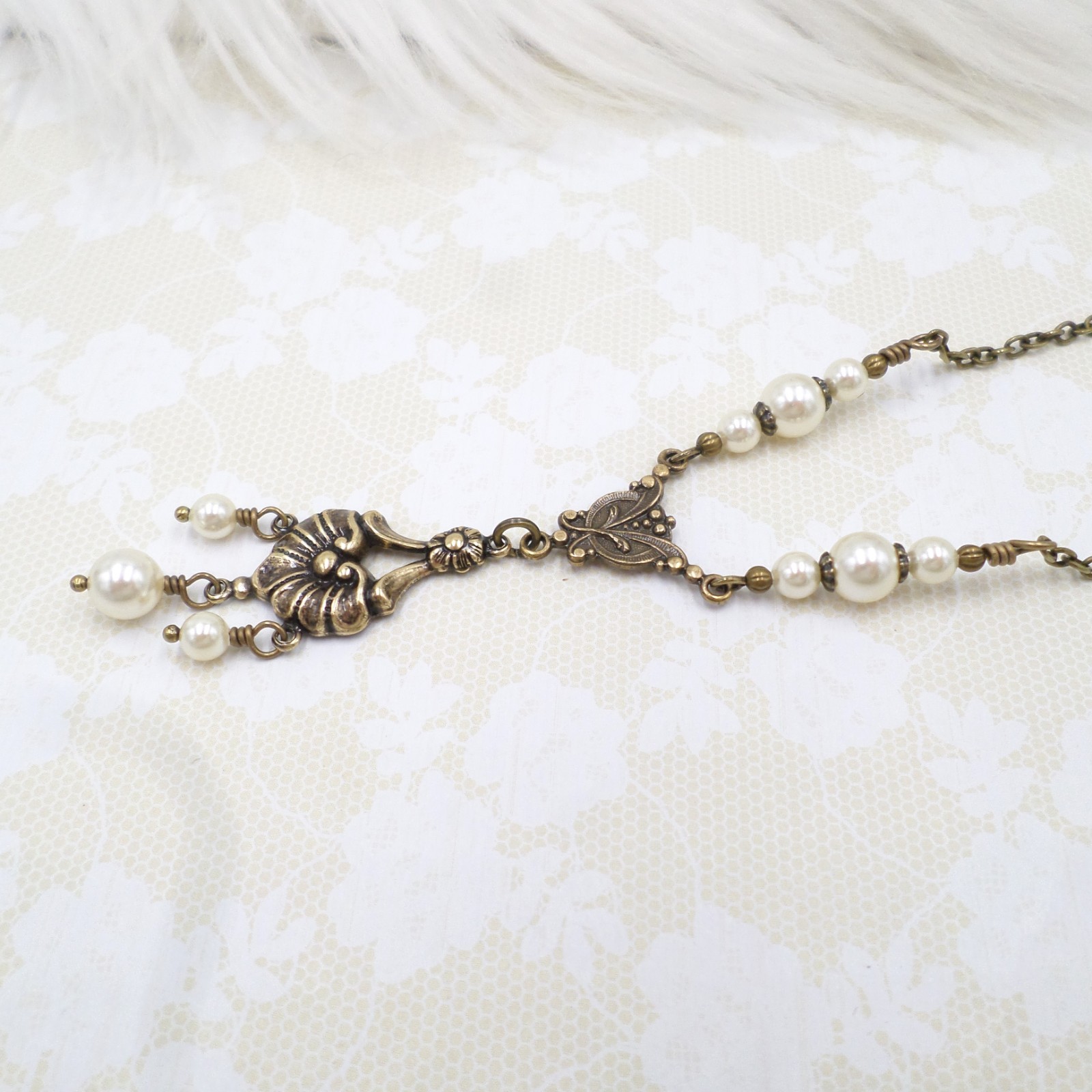 Victorian Pearl Necklace: Antique Brass Romantic Floral Handmade Vintage Jewelry