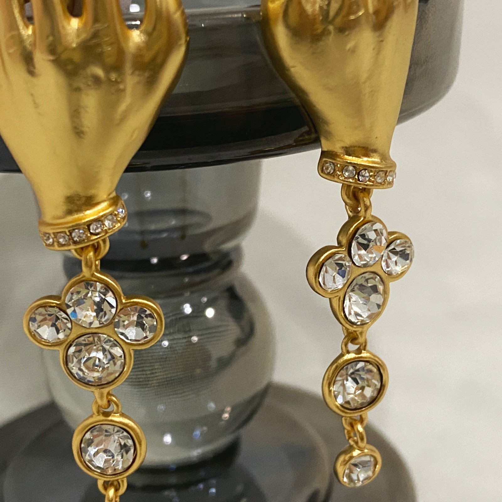 Schiaparelli Gold Hand Crystal Drop Stud Earrings