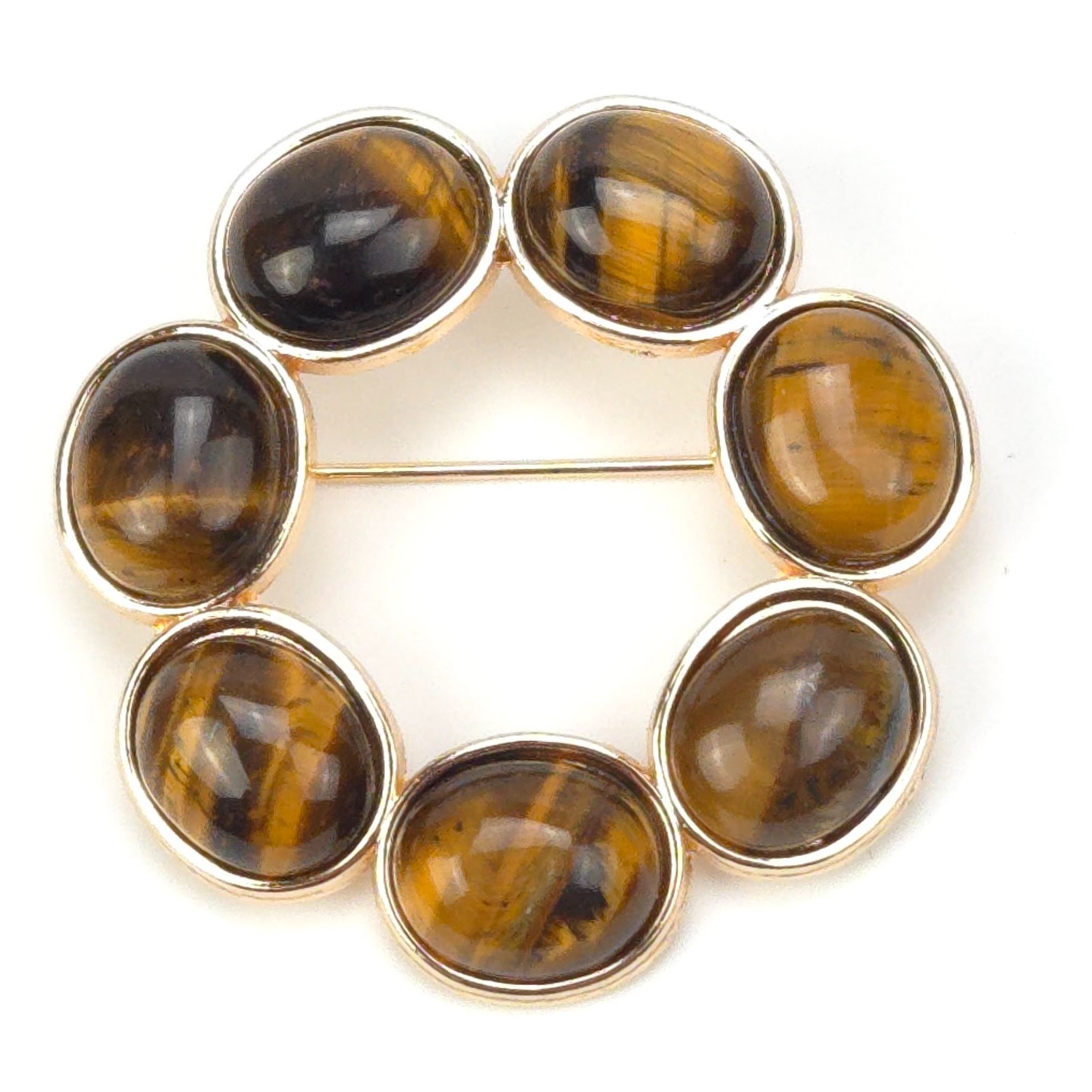 Vintage Genuine Tiger’s Eye Gold Tone Wreath Brooch Pin Round Cabochon Gemstone