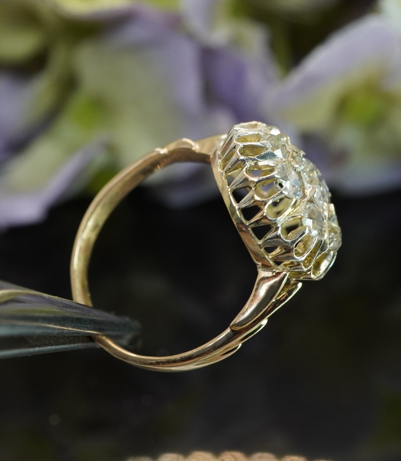 Antique Victorian Old European Mine cut Diamond Filigree Halo Ring 14K Gold