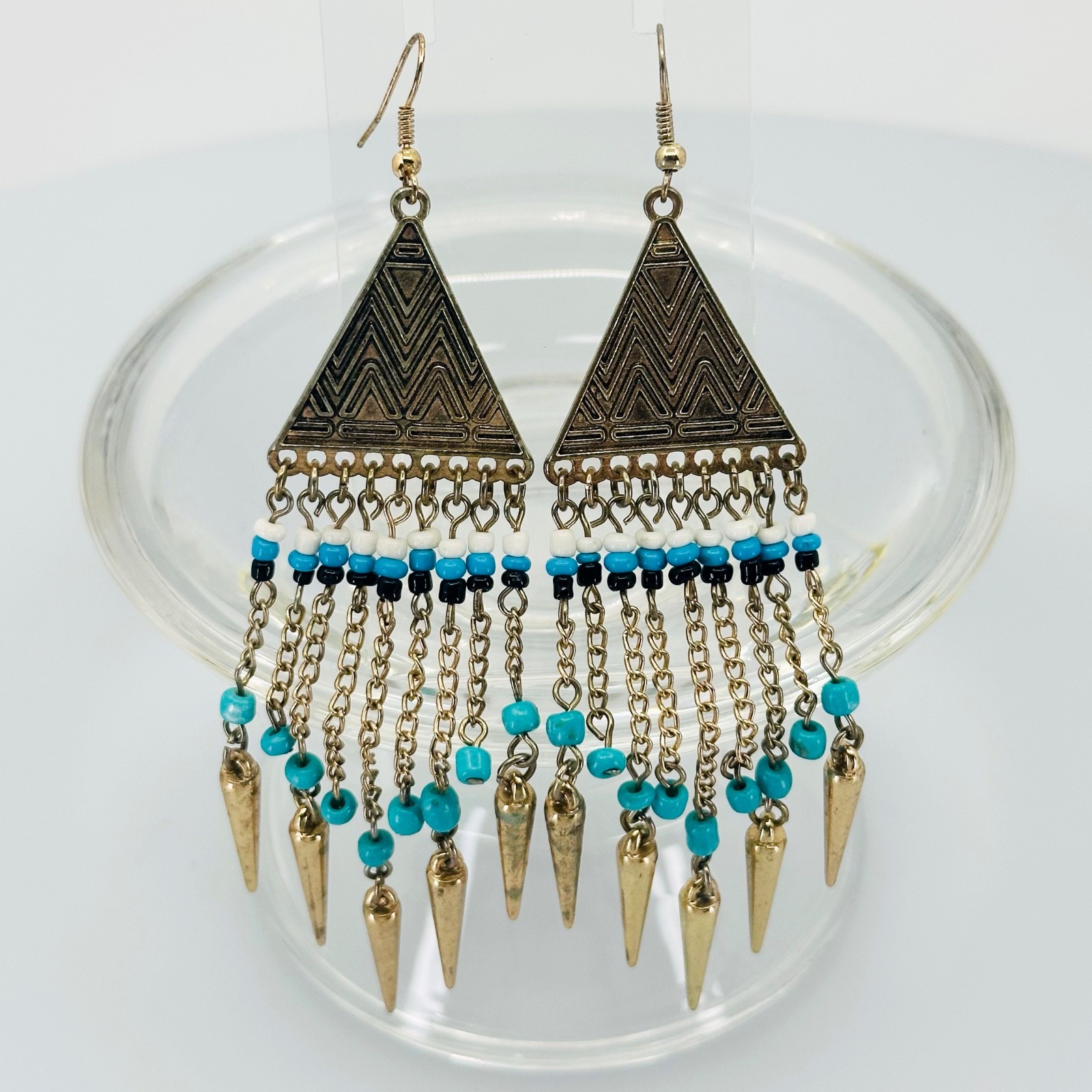 Vtg 1980s 80s Boho FRINGE Dangle Earrings Goldtone Beads Tribal Statement!