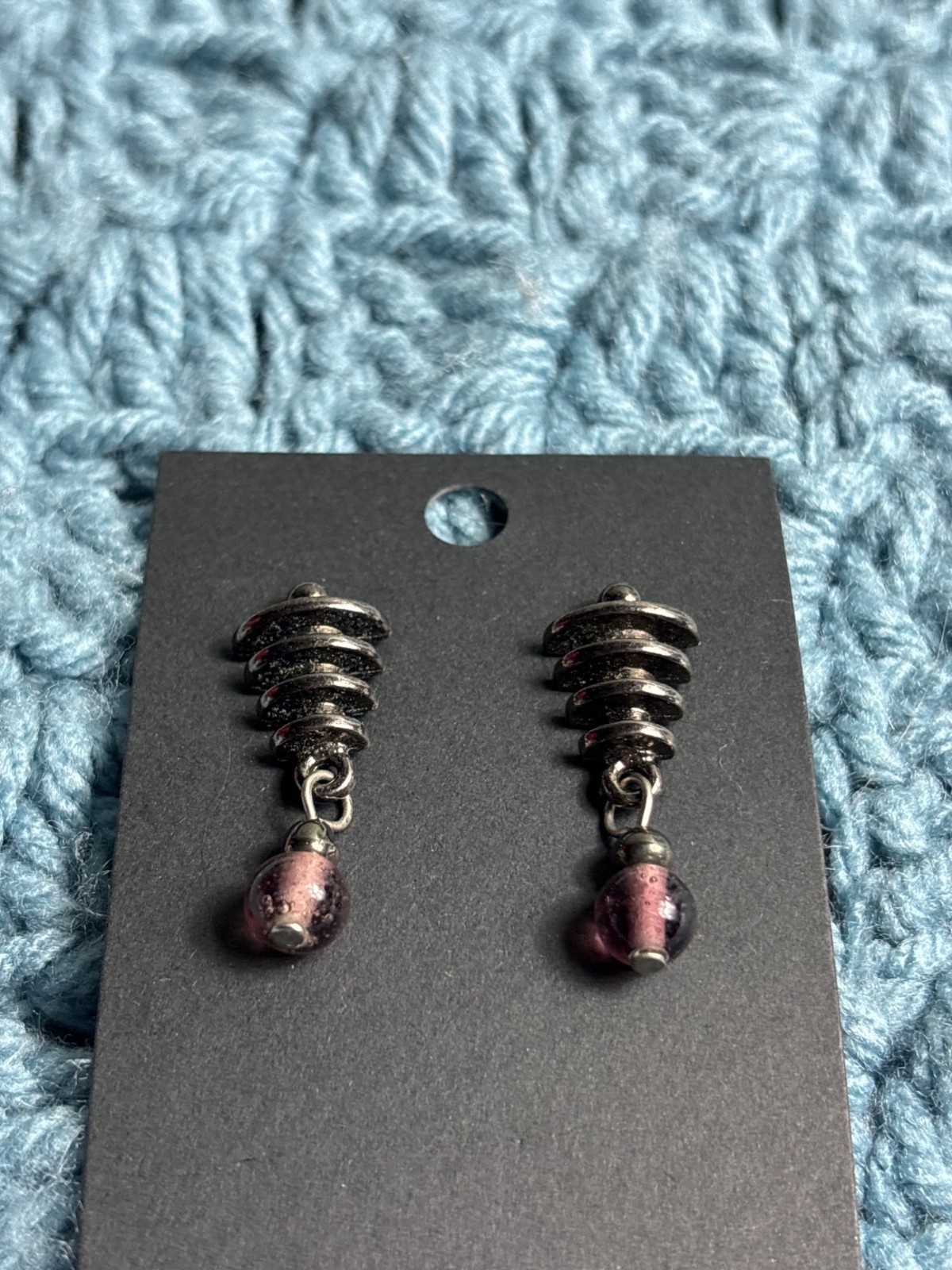 Vintage Silvertone Metal Dangle Earrings Purple Glass Beads 1.25 inches