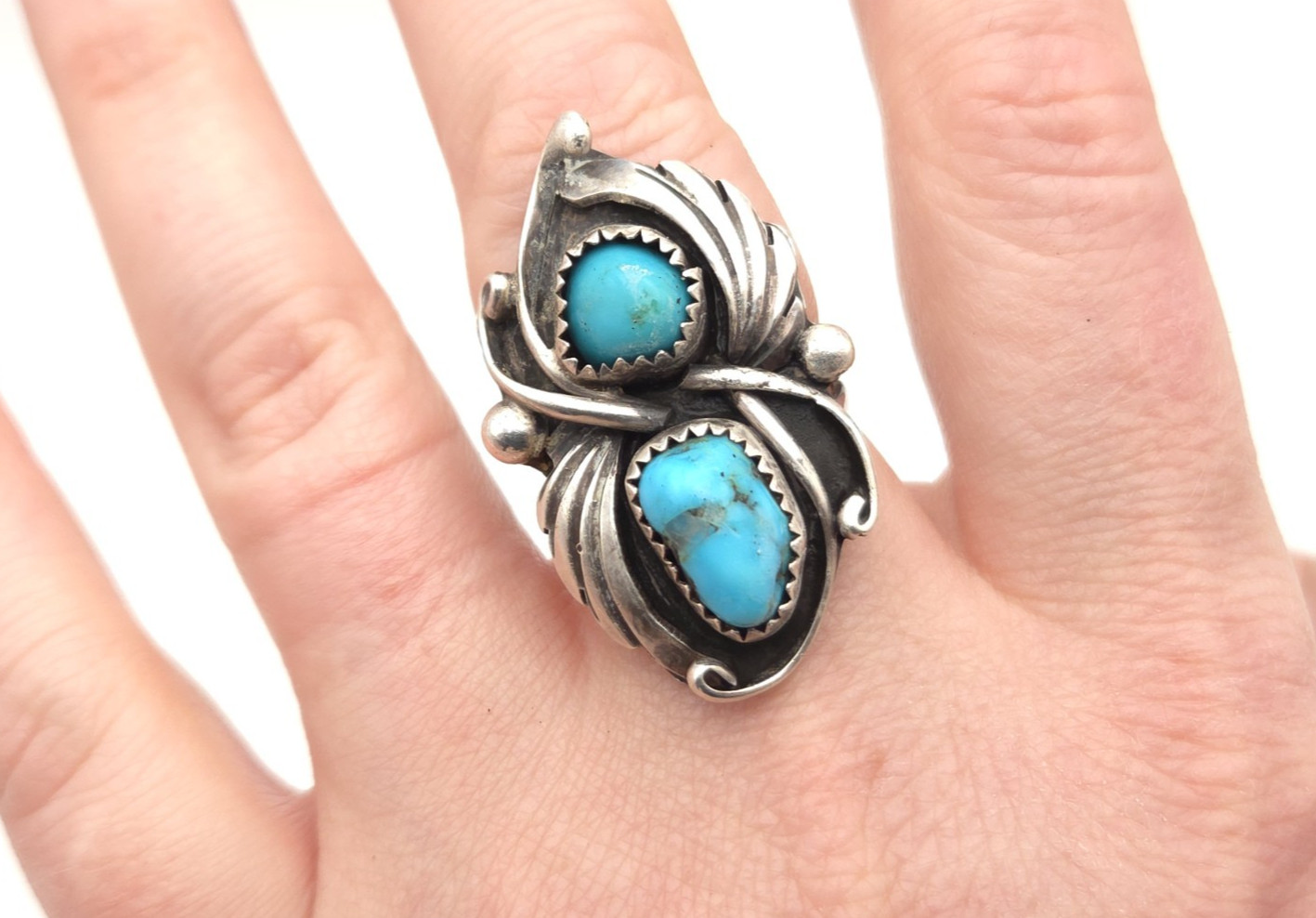 Vintage Navajo Robert Kelly Turquoise Sterling sz 7.5 Ring Native American 8.8g