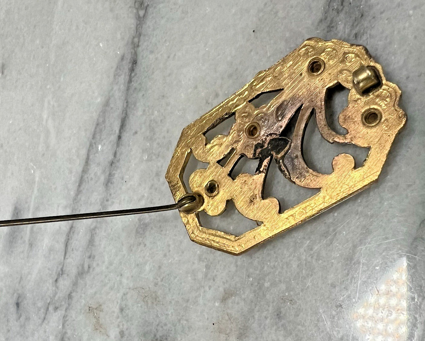 Art Deco Rectangle Floral Openwork Flower Brooch Rhinestones Antique Vtg Old Pin