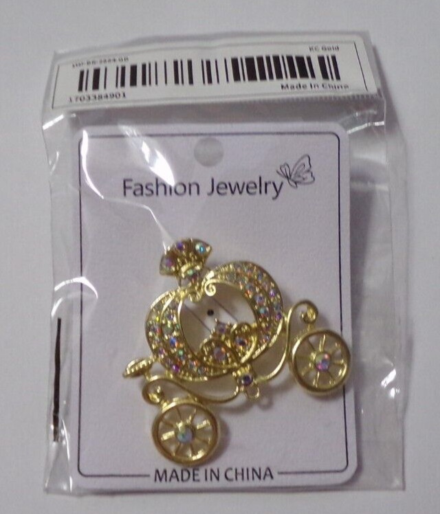 Sequin Rhinestones & Yellow Gold Tone Cinderella Carriage Brooch Pin – New