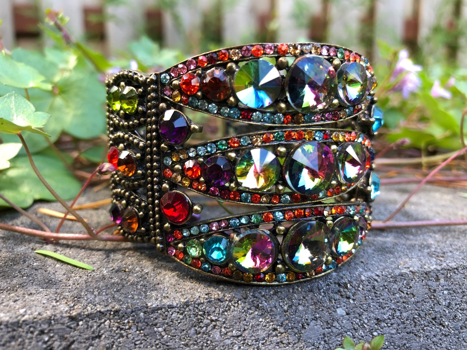 Vintage Multi-Color Crystals Cuff Bracelet w Bronze-Toned Finish – Swarovski