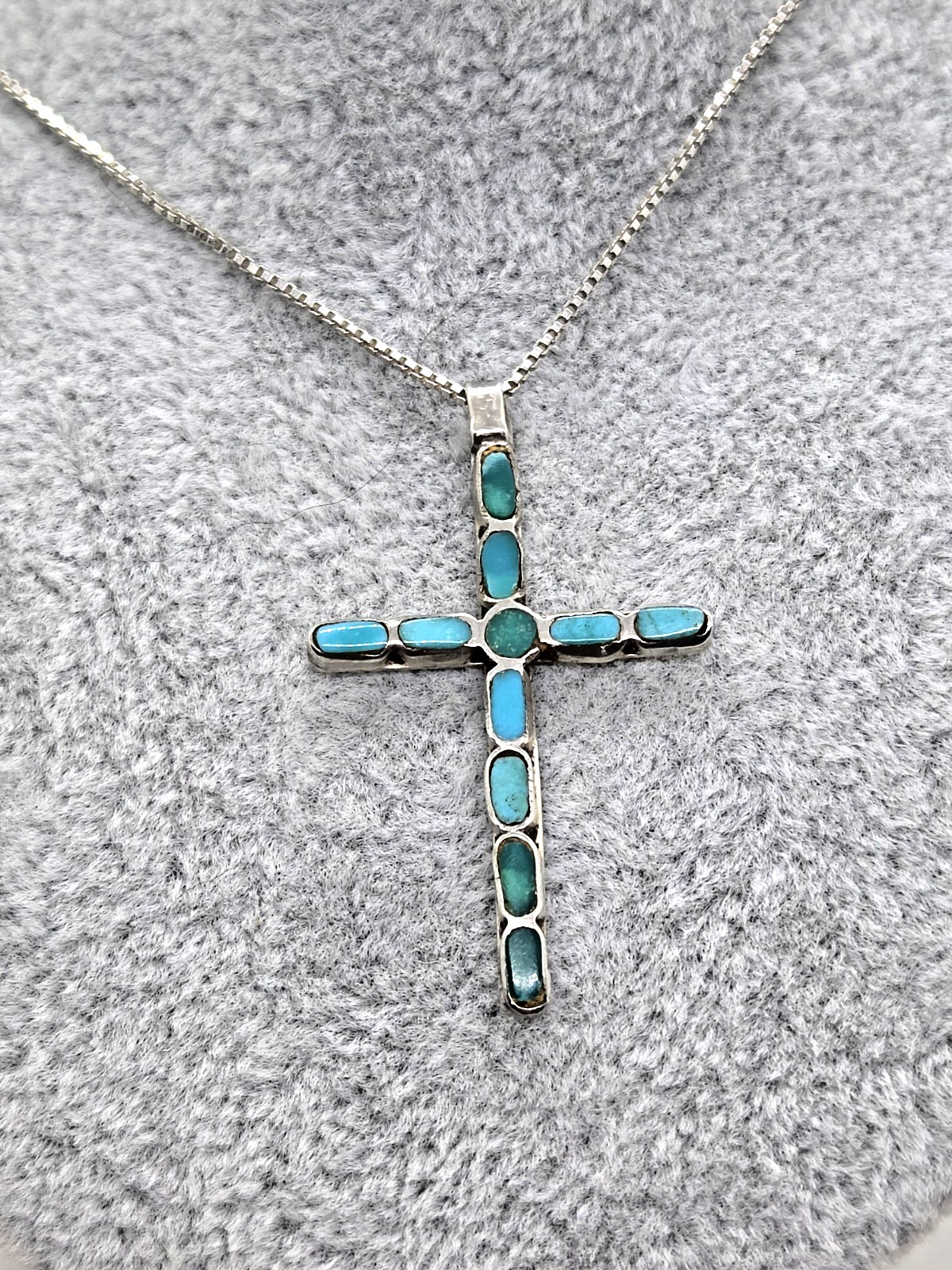 Vintage Handcrafted Native Silver Inlay Turquoise Cross 1.5″ Chain Necklace 18″