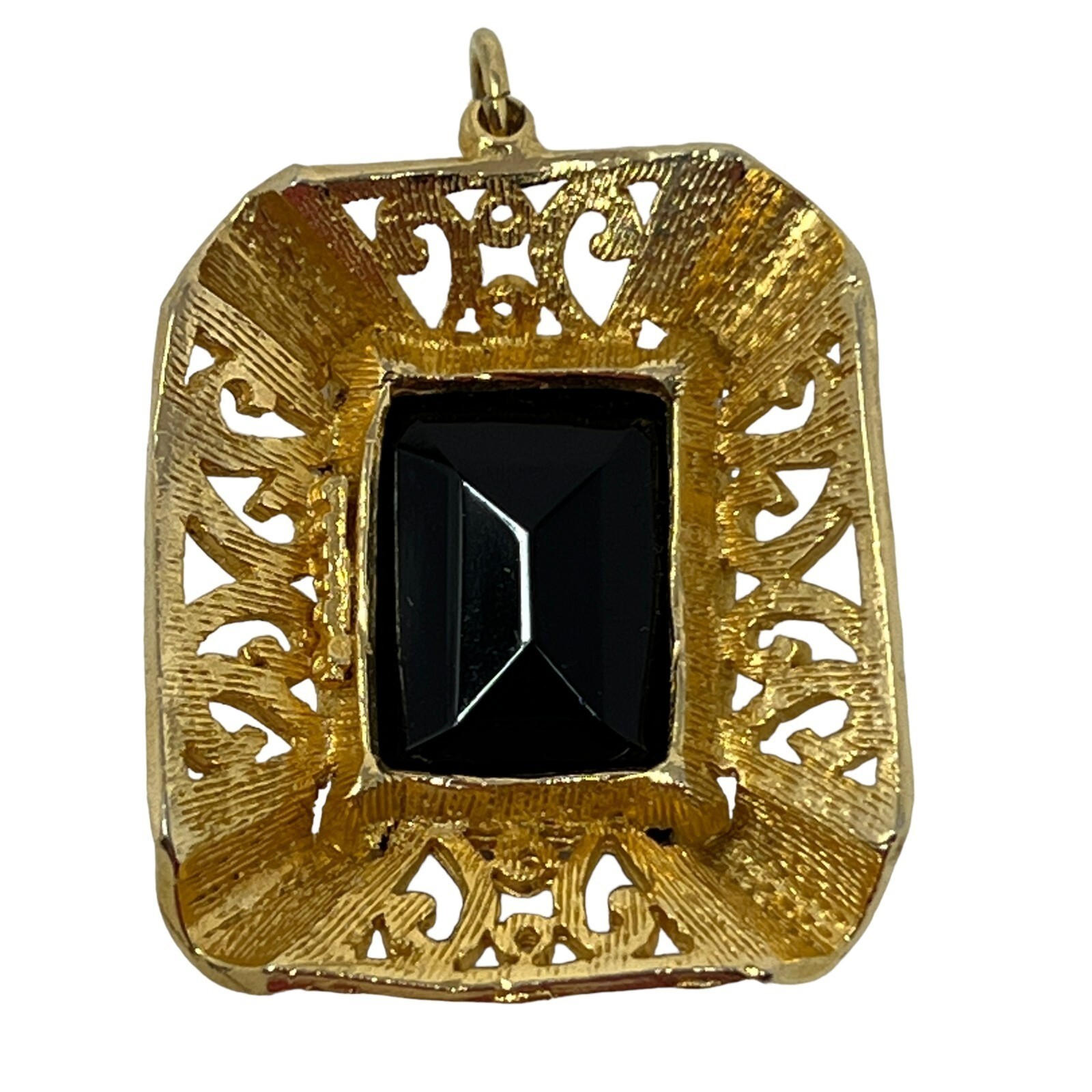 Vintage Edlee Pendant Dark Red Glass Ornate Open Scroll Gold Tone Rectangle