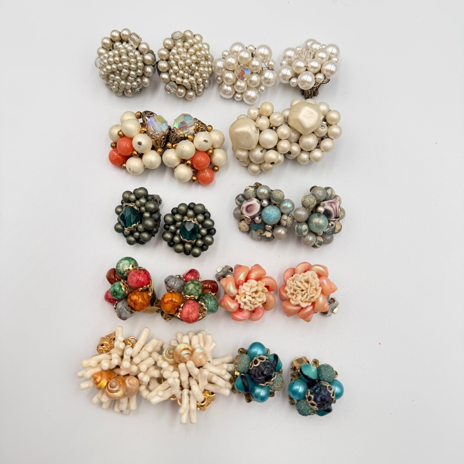 Vtg Japan Hong Kong Beaded Cluster Earrings Lot 10 Pair MCM Costume Jewelry Clip