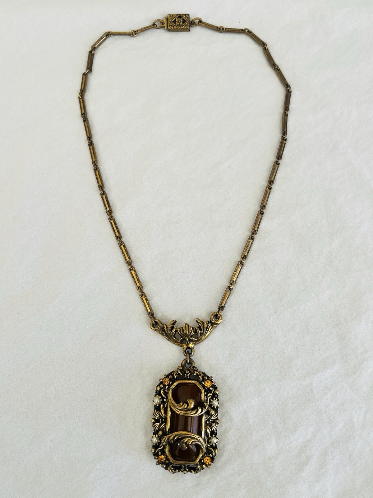 Vintage Amber Necklace with Filigree Detail Victorian Art Nouveau Czech Style