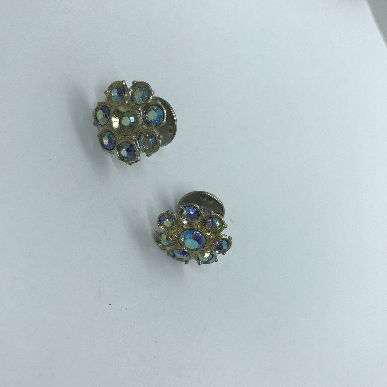Vintage Scatter Pins Pot Metal Rhinestone set of 2 flower shape aurora borealis