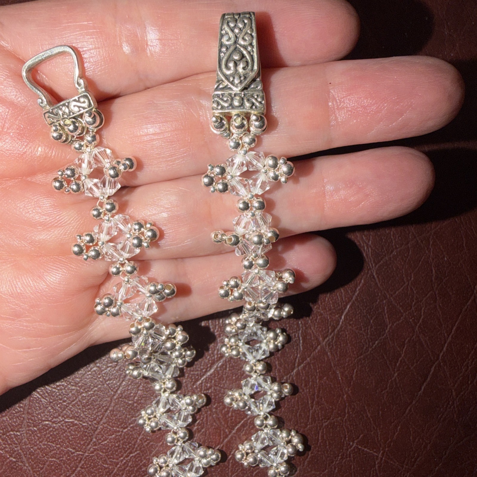Handmade 925 Silver & Crystals beaded collar necklace W/925 Magnetic Clasp