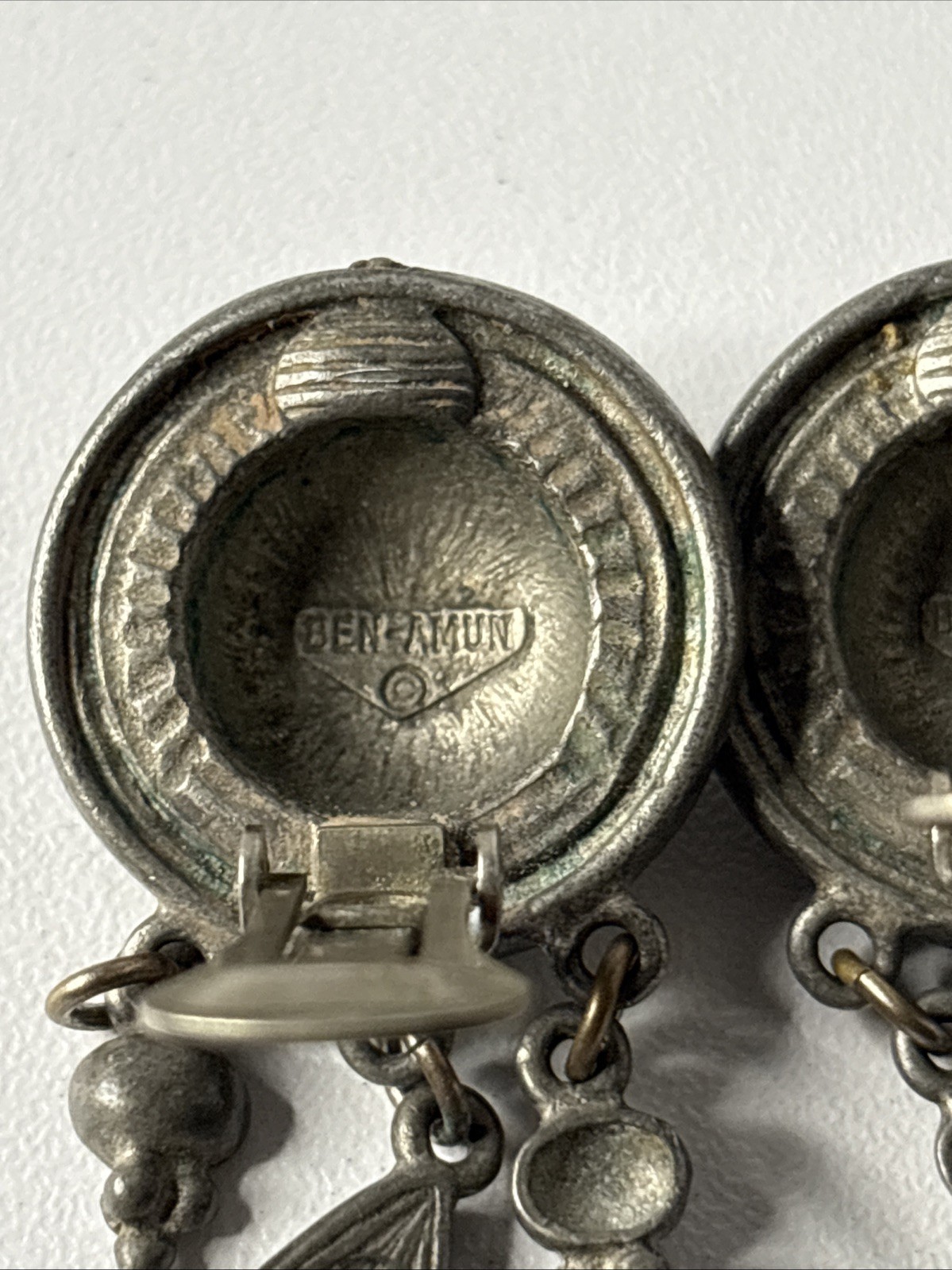 Ben Amun Signed Silver Tone Engraved Medallion Earrings W Three Teardrop Dangles