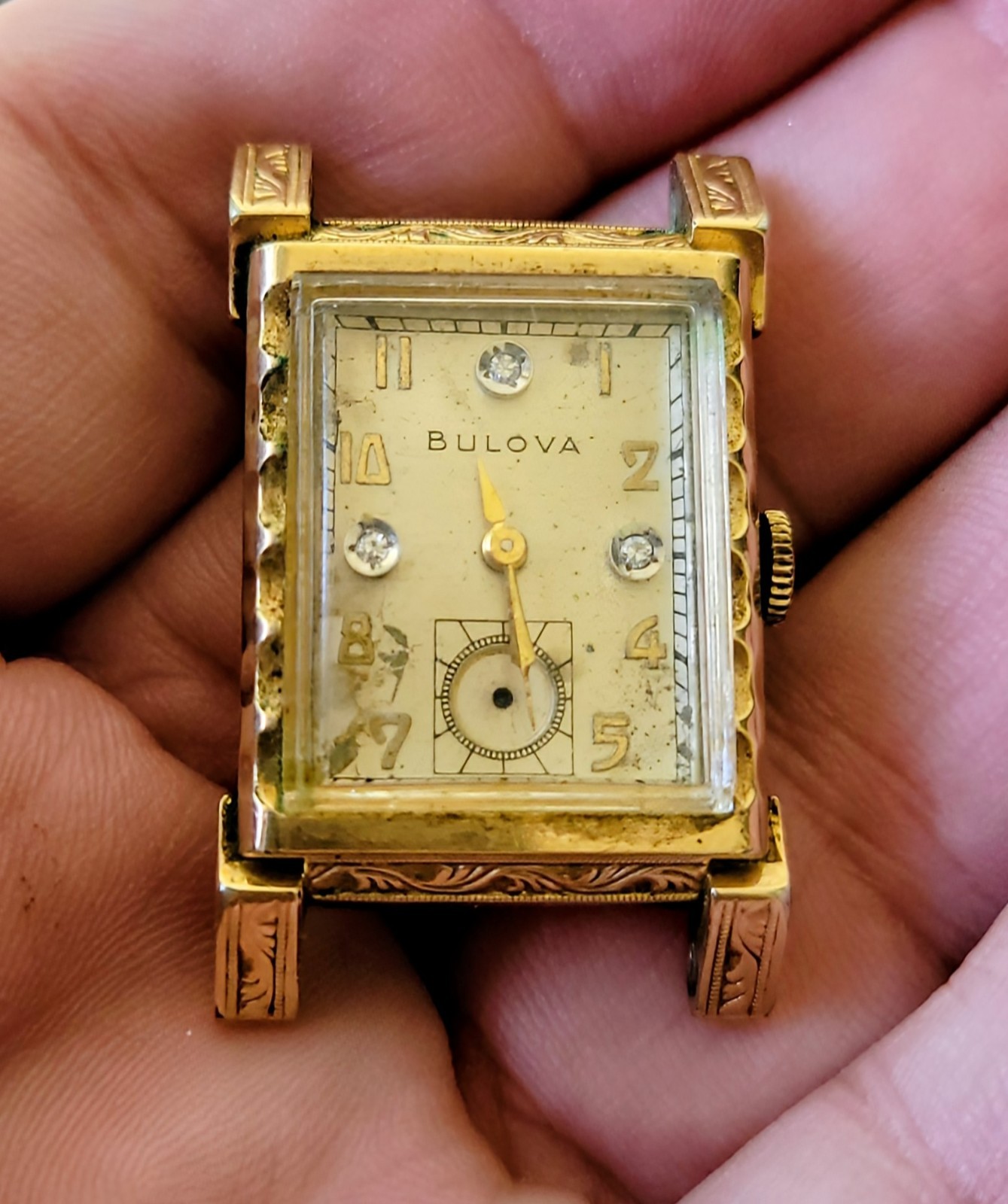 Vintage Bulova 10K Rolled Gold Plate Wristwatch With 3 Diamond Dial c1948