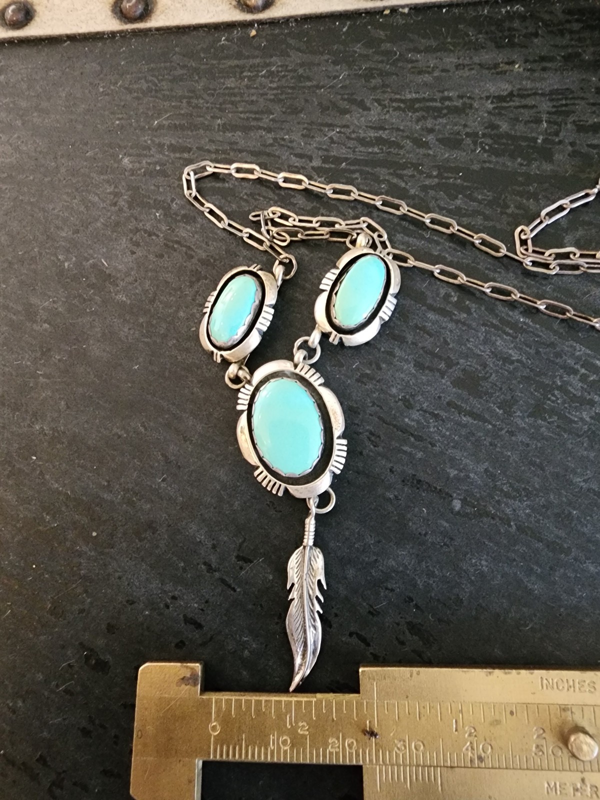 Navajo Signed Leonard Marian Nez Sterling Silver Turquoise Necklace
