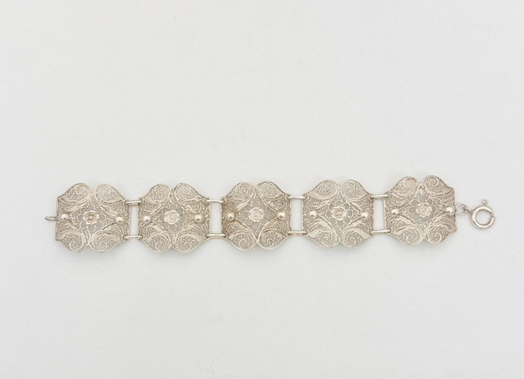 Antique 835 Silver Filigree 5 Panel Bracelet 7.25″ Wearable 21.2g