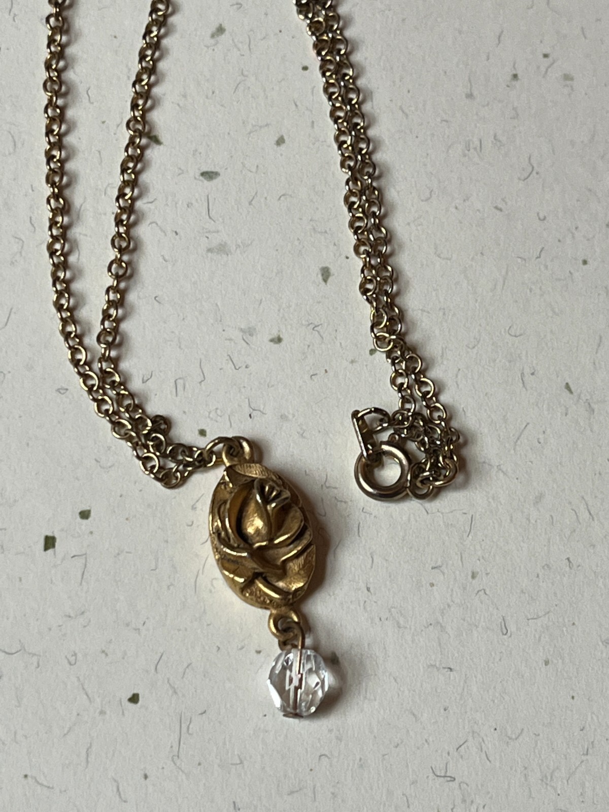 Dainty Goldtone Chain w Small EH Signed Oval Rose Flower & Clear Bead Dangle Pen