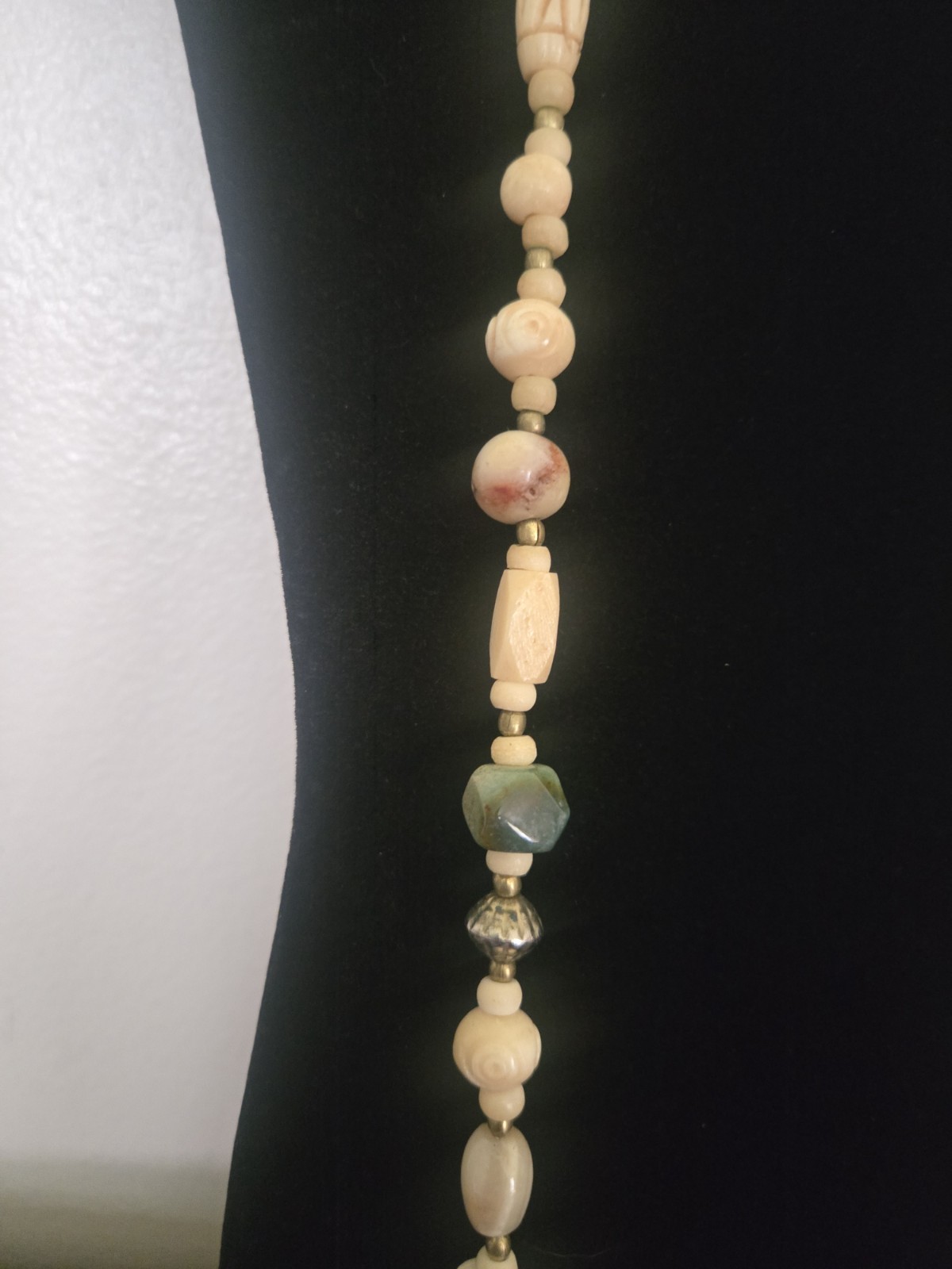 Vintage Stone And Carved Bovine Bone Beaded Necklace 32″