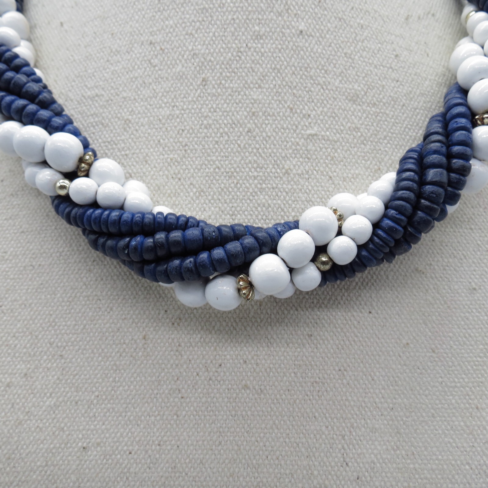 Blue White Bead Torsade Statement Necklace Boho Ethnic 19″