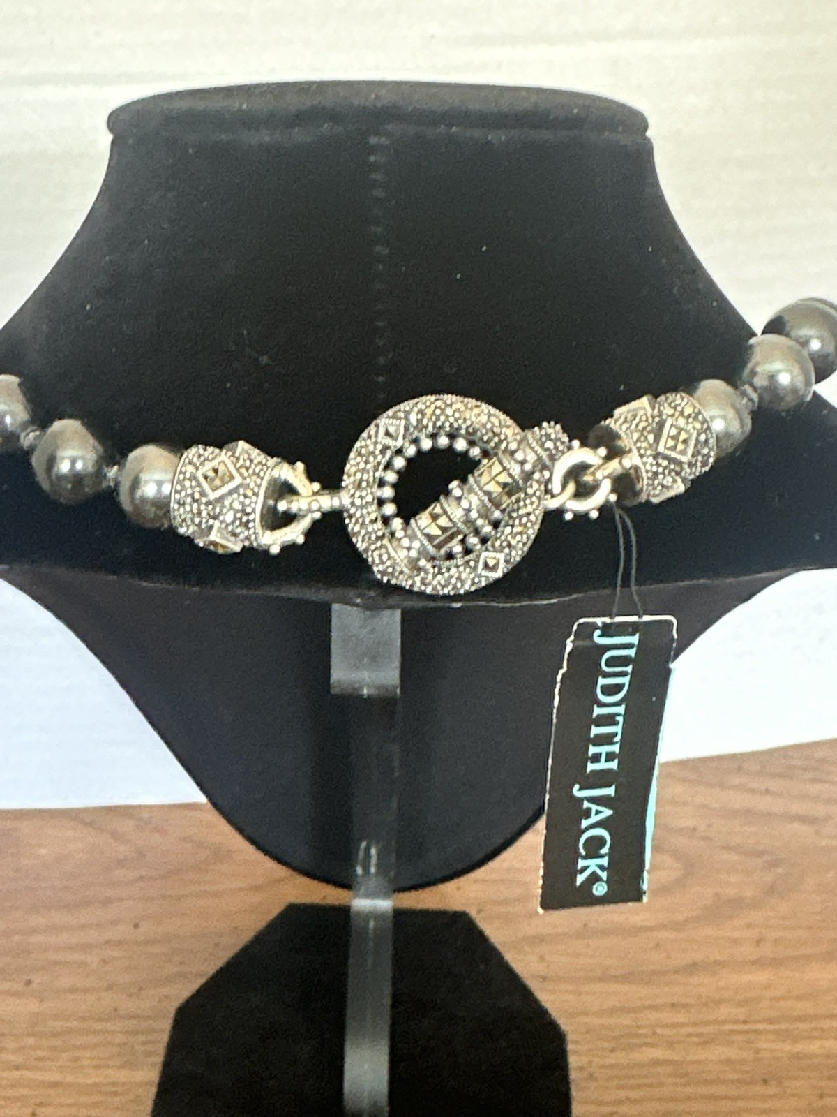 Judith Jack Sterling Marcasite Faux Dark Gray Pearl Necklace