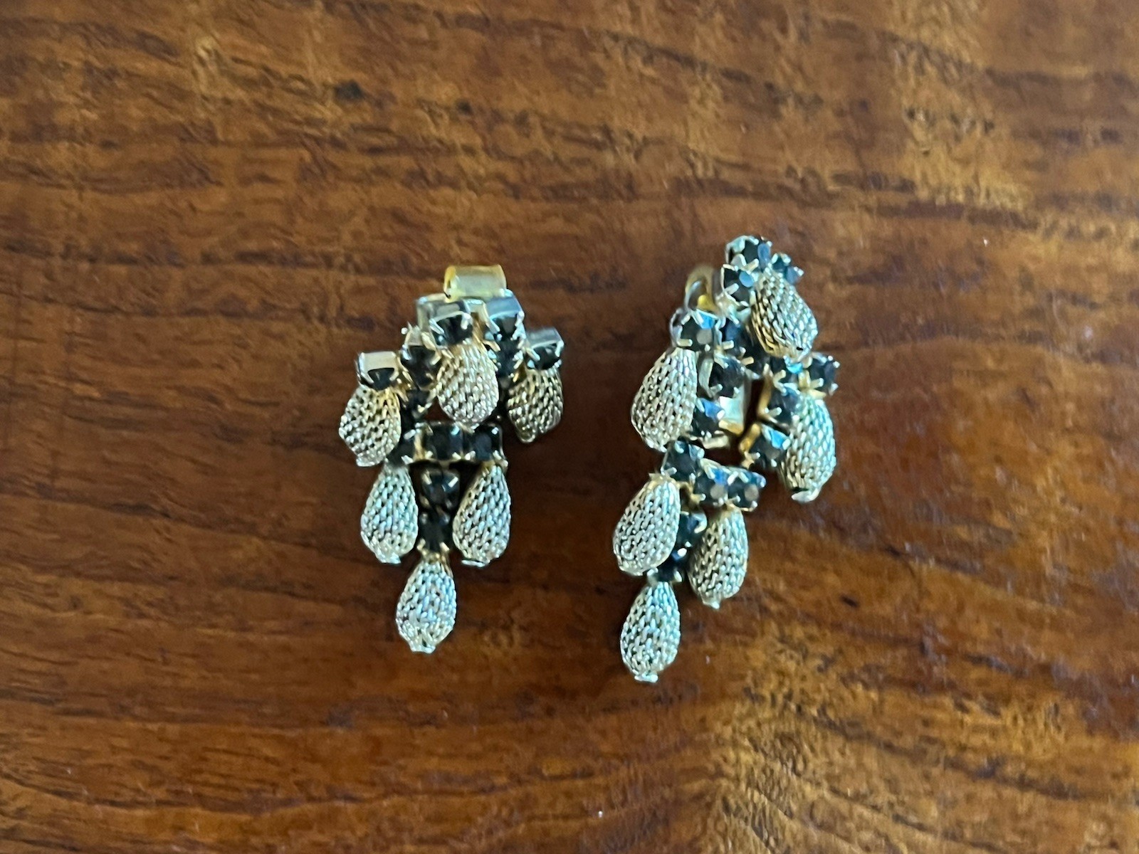 Vintage Signed HOBE Gold & Silver Plate Dangle Black Colored Rhinestone Earrings